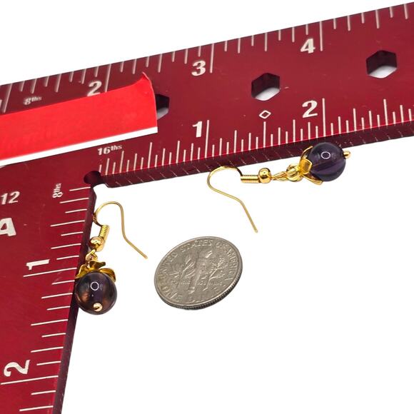 Amethyst Pierced Earrings Bead Dangle Drop Gold Tone 8mm Purple SKU 2807 - Picture 3 of 4